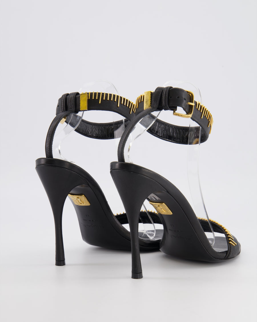 Schiaparelli Measuring Tape Heeled Sandals in Black Calfskin Leather with Gold Detail Buckle Ankle Strap Size EU 41