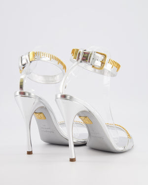 Schiaparelli Measuring Tape Heeled Sandals in Metallic Silver Calfskin Leather with Gold Metal Detail Buckle Ankle Strap Size EU 41