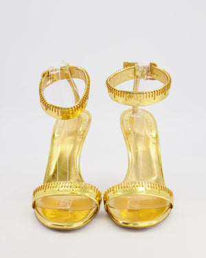 Schiaparelli Measuring Tape Heeled Sandals in Metallic Gold Calfskin Leather with Buckle Ankle Strap Detail Size EU 41