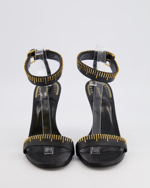 Schiaparelli Measuring Tape Heeled Sandals in Black Calfskin Leather with Gold Detail Buckle Ankle Strap Size EU 41