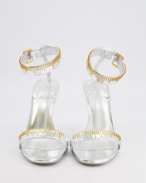Schiaparelli Measuring Tape Heeled Sandals in Metallic Silver Calfskin Leather with Gold Metal Detail Buckle Ankle Strap Size EU 41