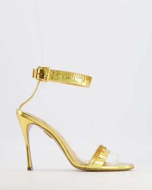 Schiaparelli Measuring Tape Heeled Sandals in Metallic Gold Calfskin Leather with Buckle Ankle Strap Detail Size EU 41