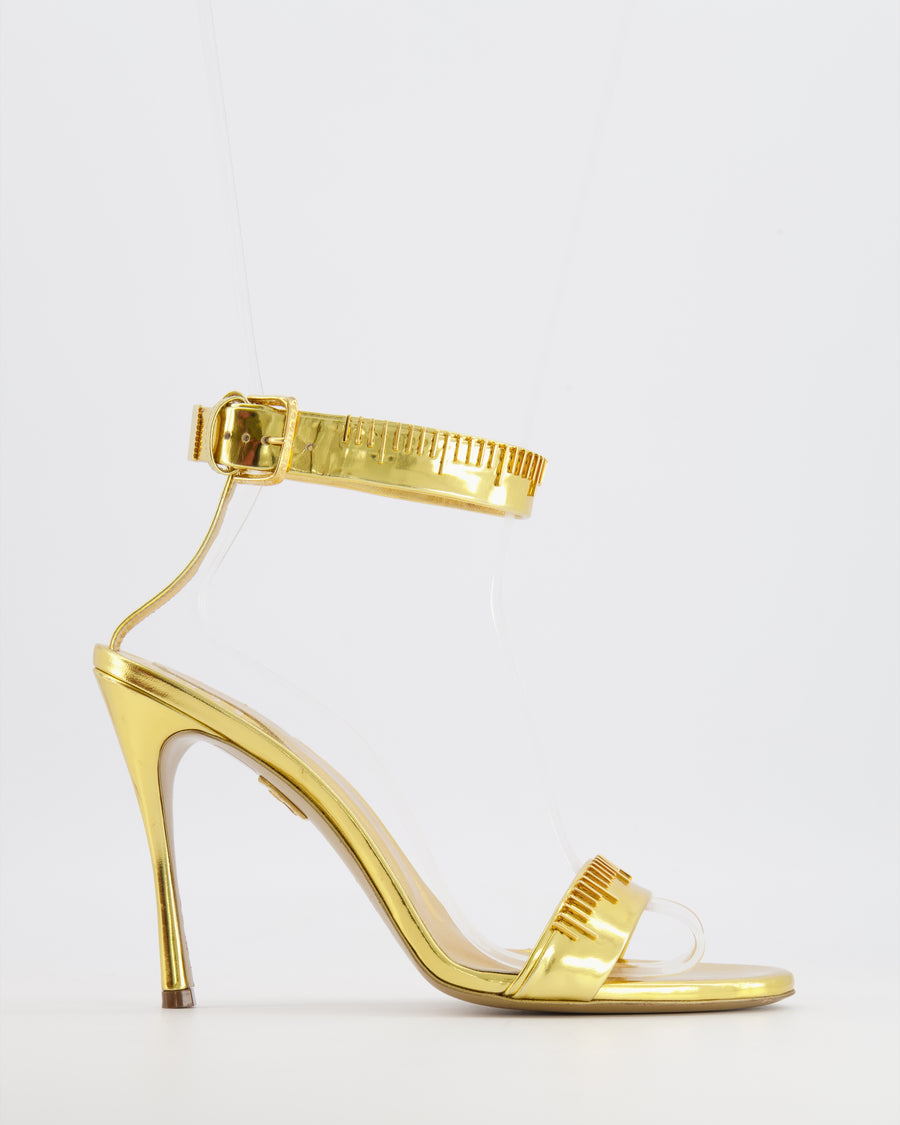 Schiaparelli Measuring Tape Heeled Sandals in Metallic Gold Calfskin Leather with Buckle Ankle Strap Detail Size EU 41