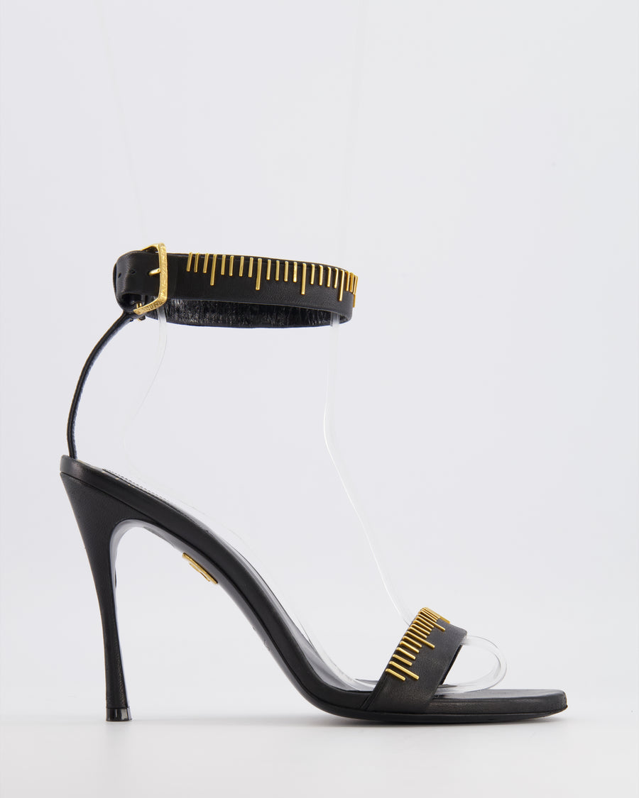 Schiaparelli Measuring Tape Heeled Sandals in Black Calfskin Leather with Gold Detail Buckle Ankle Strap Size EU 41