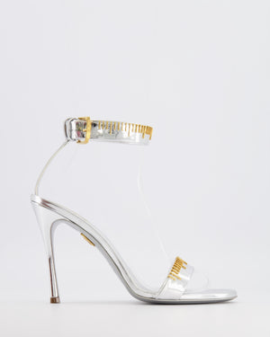 Schiaparelli Measuring Tape Heeled Sandals in Metallic Silver Calfskin Leather with Gold Metal Detail Buckle Ankle Strap Size EU 41