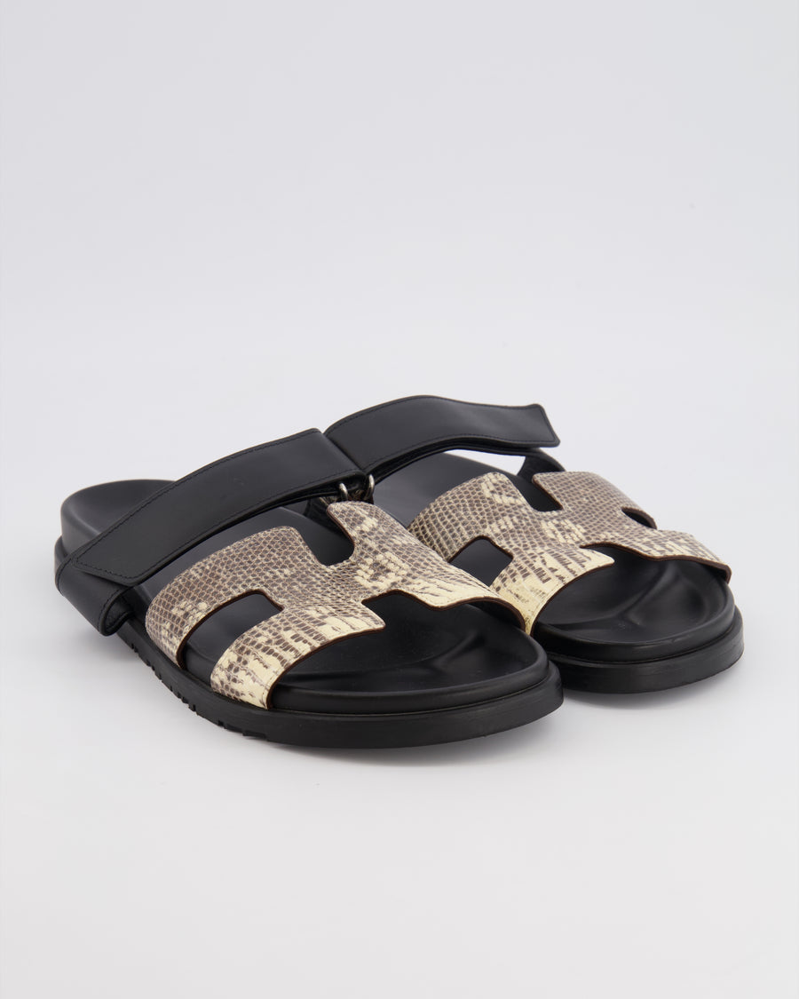 Hermès Chypre Sandals in Noir Calfskin and Ombre Lizard Leather Size EU 41