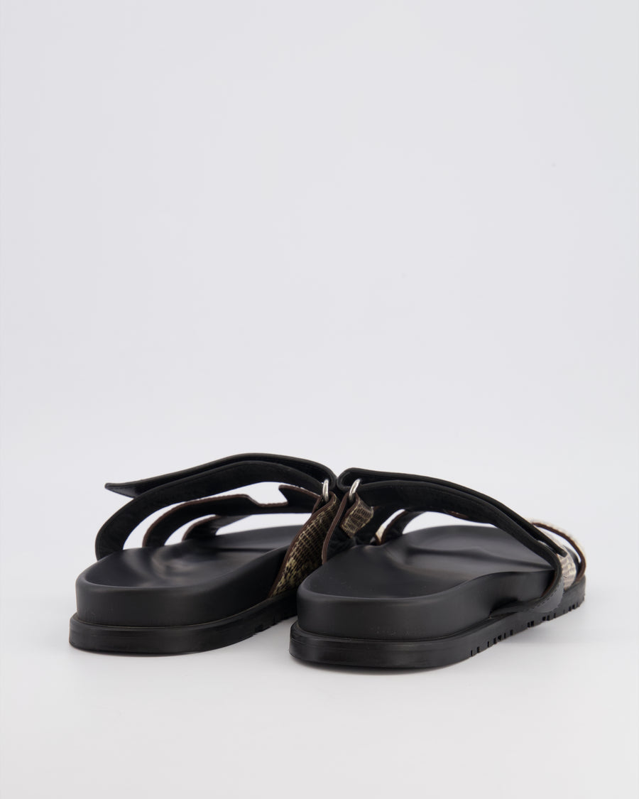 Hermès Chypre Sandals in Noir Calfskin and Ombre Lizard Leather Size EU 41