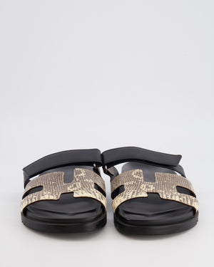 Hermès Chypre Sandals in Noir Calfskin and Ombre Lizard Leather Size EU 41