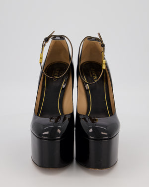 Valentino Tan-Go Platform Pumps in Black Patent Leather with Gold Logo Detail Size EU 40