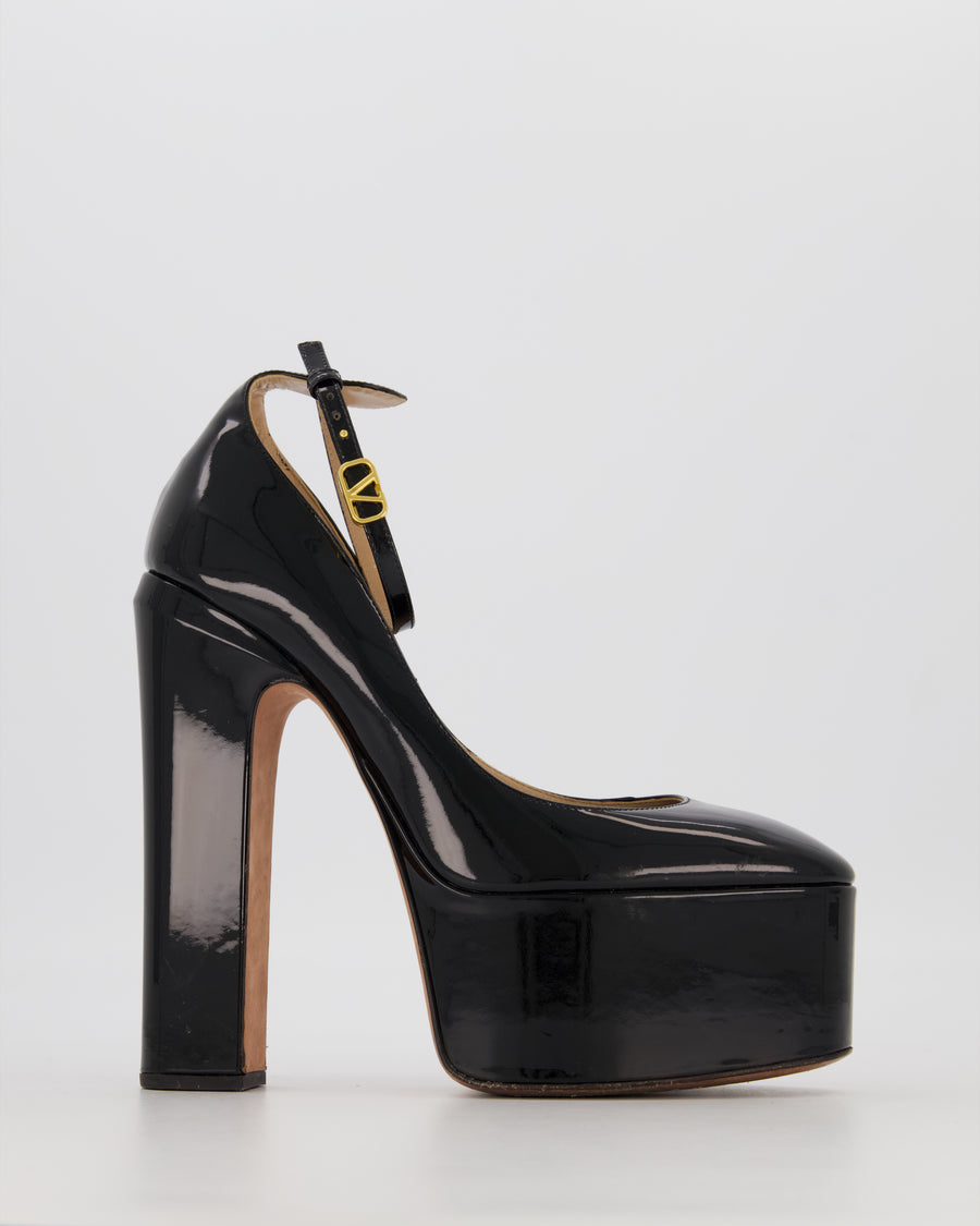 Valentino Tan-Go Platform Pumps in Black Patent Leather with Gold Logo Detail Size EU 40