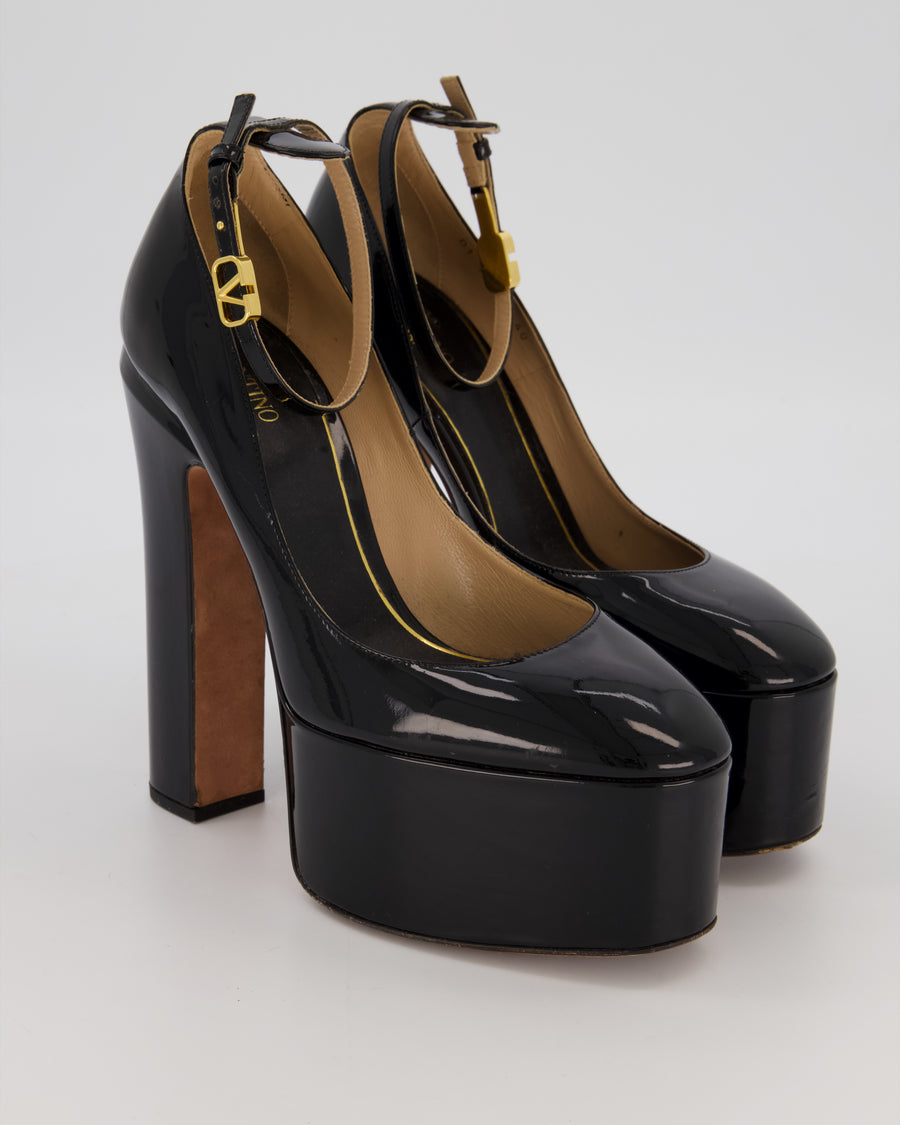 Valentino Tan-Go Platform Pumps in Black Patent Leather with Gold Logo Detail Size EU 40