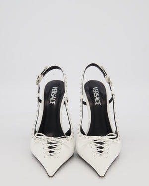 Versace Slingback Pumps in White Leather with Studs and Lace Up Detail Size EU 40