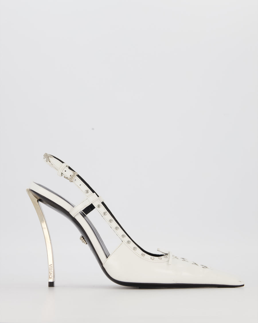Versace Slingback Pumps in White Leather with Studs and Lace Up Detail Size EU 40