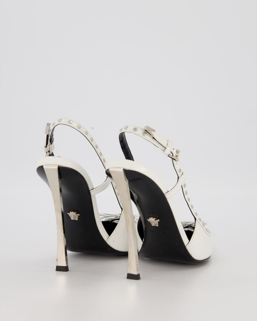Versace Slingback Pumps in White Leather with Studs and Lace Up Detail Size EU 40
