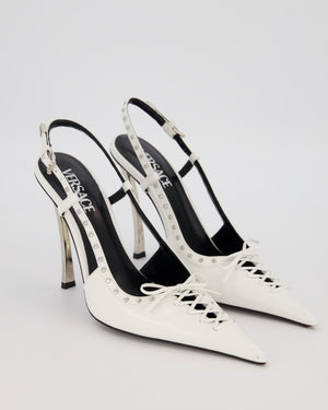 Versace Slingback Pumps in White Leather with Studs and Lace Up Detail Size EU 40