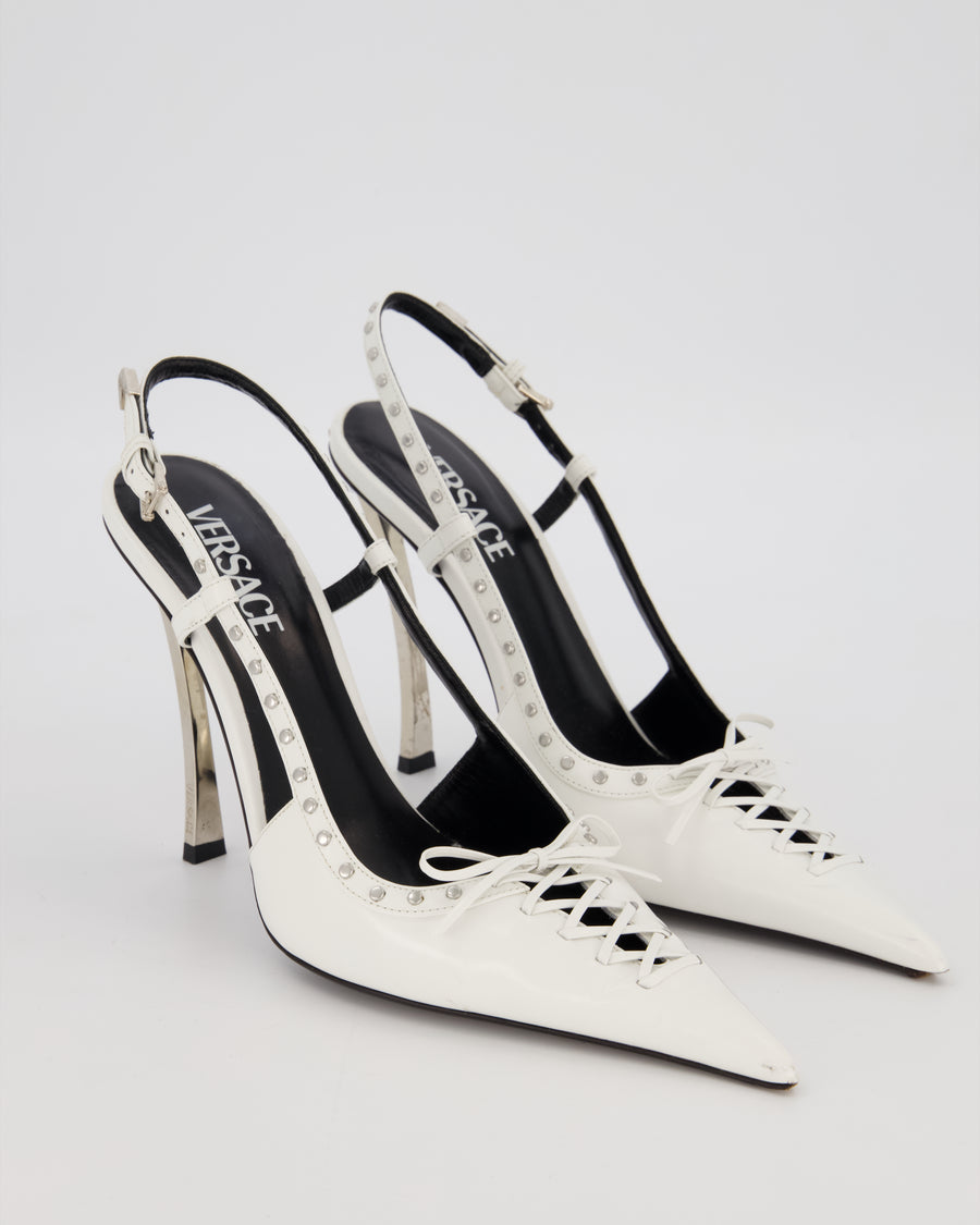 Versace Slingback Pumps in White Leather with Studs and Lace Up Detail Size EU 40