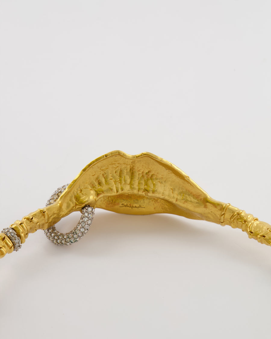Schiaparelli Brushed Gold Surrealist Lips Choker with Molded Mouth Centerpiece and Crystal Embellished Piercing and Ring Details