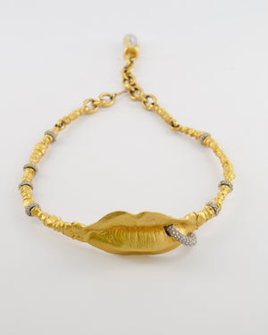 Schiaparelli Brushed Gold Surrealist Lips Choker with Molded Mouth Centerpiece and Crystal Embellished Piercing and Ring Details