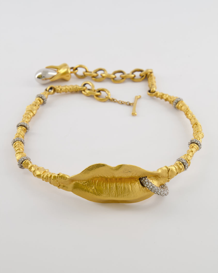 Schiaparelli Brushed Gold Surrealist Lips Choker with Molded Mouth Centerpiece and Crystal Embellished Piercing and Ring Details