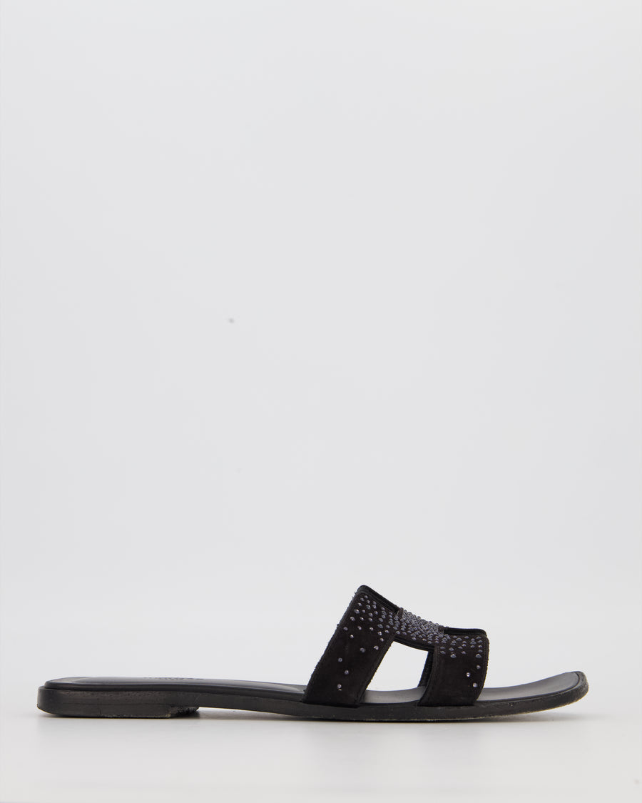 Hermès Oran Sandals in Noir Suede Goatskin with Rhinestone Detail Size EU 40