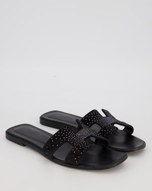 Hermès Oran Sandals in Noir Suede Goatskin with Rhinestone Detail Size EU 40
