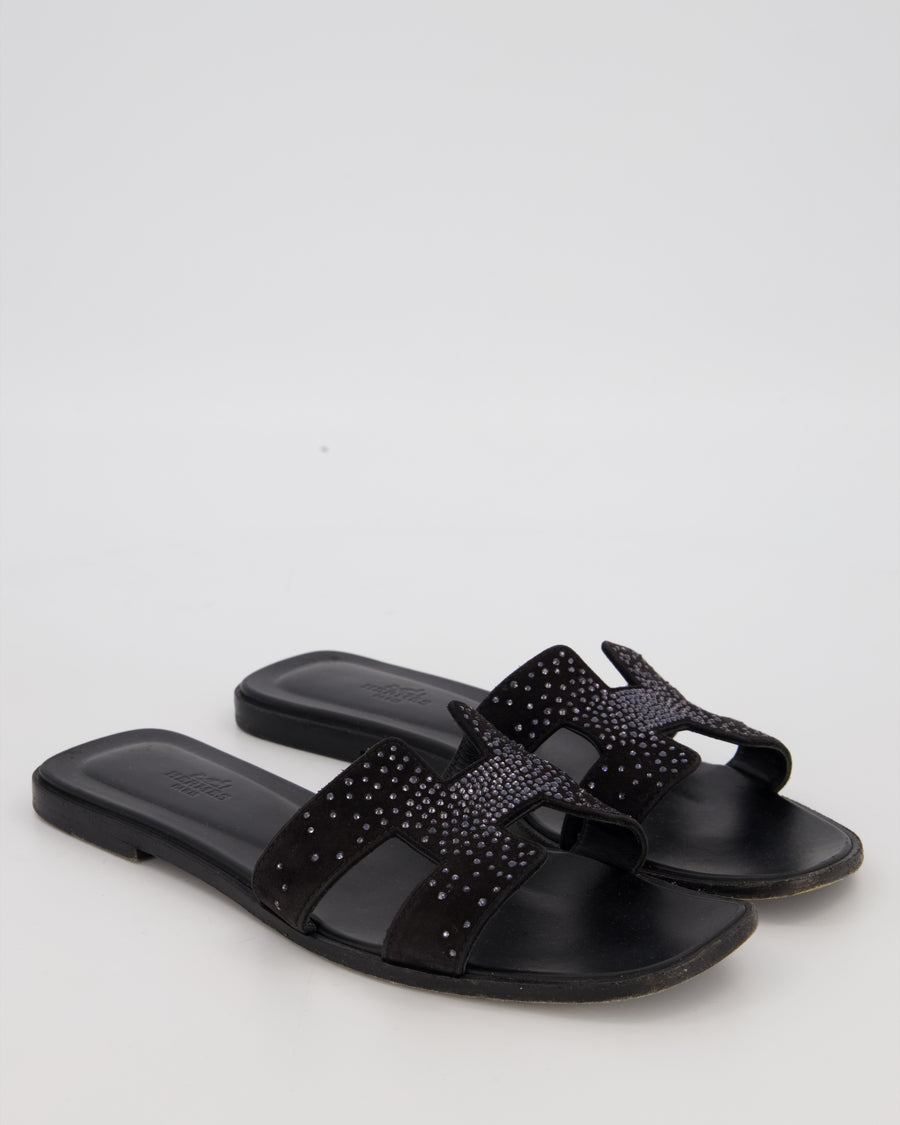 Hermès Oran Sandals in Noir Suede Goatskin with Rhinestone Detail Size EU 40