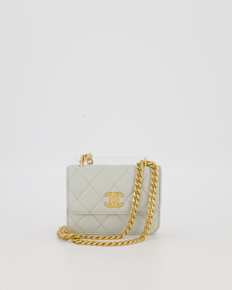 Chanel Mini Pearl Crush Wallet On Chain in Light Grey Quilted Lambskin Leather with Brushed Gold Hardware