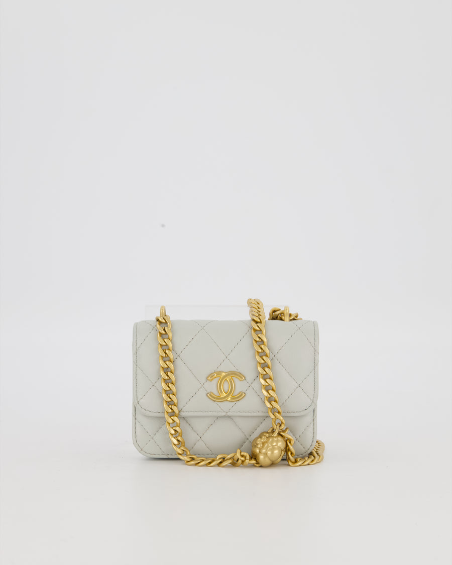 Chanel Mini Pearl Crush Wallet On Chain in Light Grey Quilted Lambskin Leather with Brushed Gold Hardware