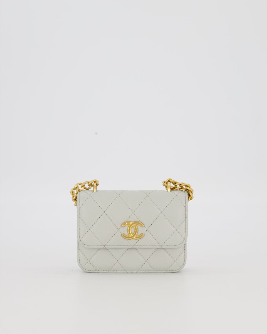 Chanel Mini Pearl Crush Wallet On Chain in Light Grey Quilted Lambskin Leather with Brushed Gold Hardware