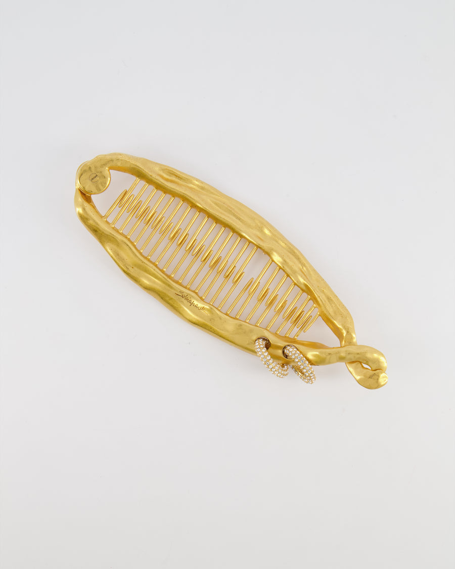 Schiaparelli Gold Textured Banana Hair Clip with Crystal Embellished Ring Details