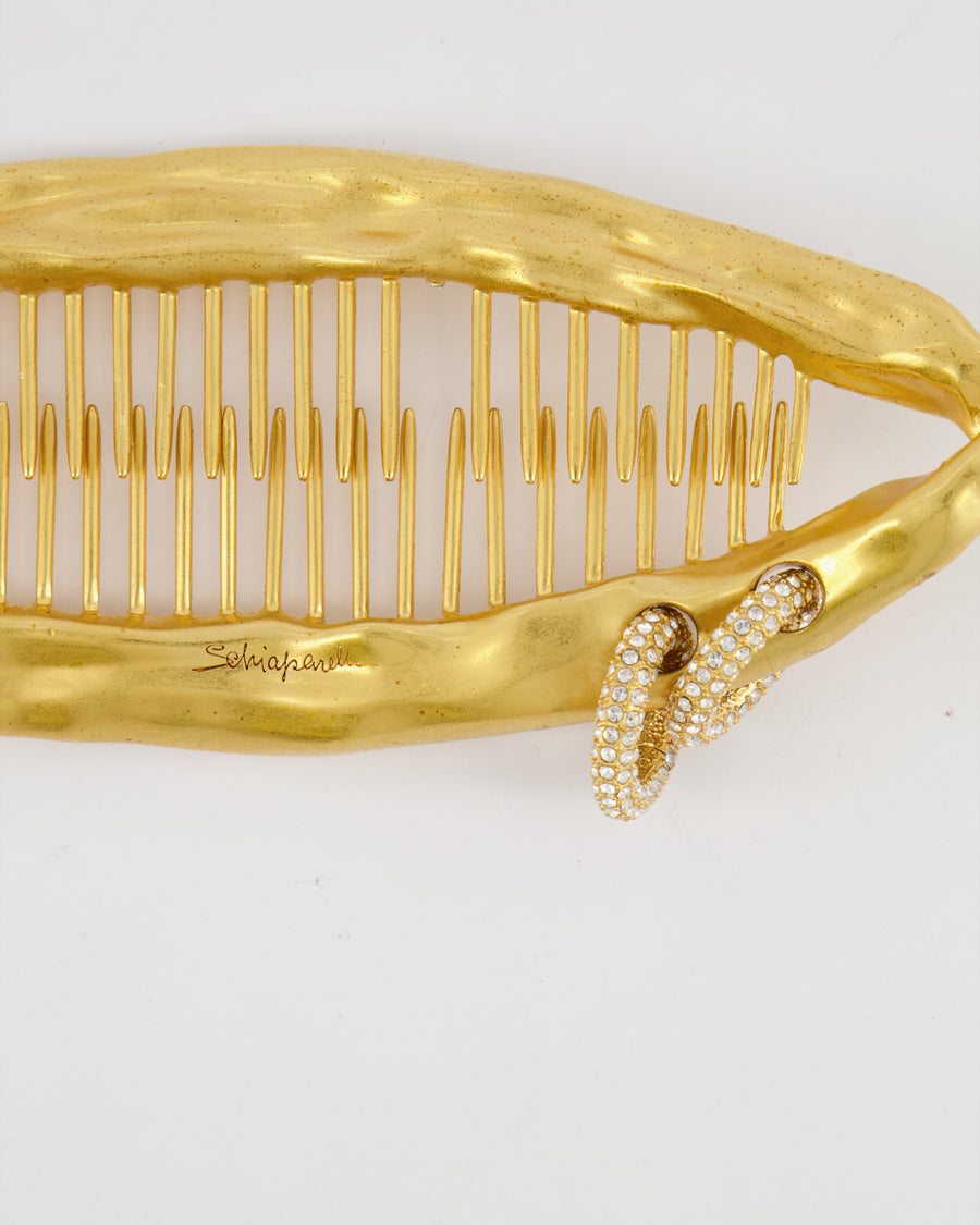 Schiaparelli Gold Textured Banana Hair Clip with Crystal Embellished Ring Details