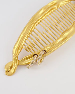 Schiaparelli Gold Textured Banana Hair Clip with Crystal Embellished Ring Details