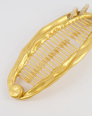 Schiaparelli Gold Textured Banana Hair Clip with Crystal Embellished Ring Details