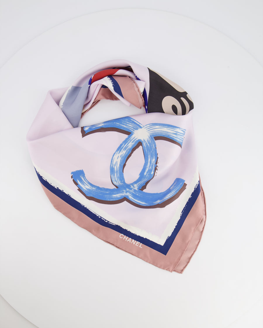 Chanel Vintage Multi-Colour Viva Coco Cuba Libre Graphic Silk Scarf with CC Logo Print Detail