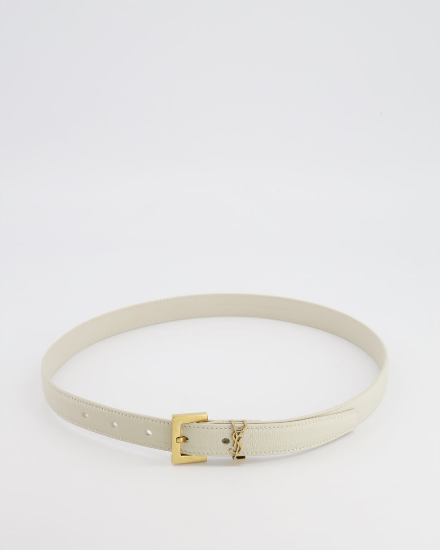 Saint Laurent Cassandre Cream Leather Belt with Brushed Gold Square Buckle and Logo Size 75