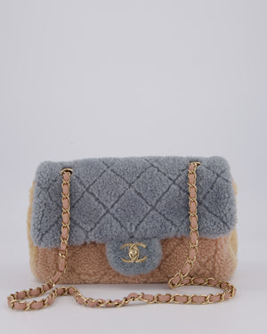 Chanel Pastel Tricolour Medium Flap Bag in Blue, Pink, and Yellow Quilted Shearling with Gold Hardware