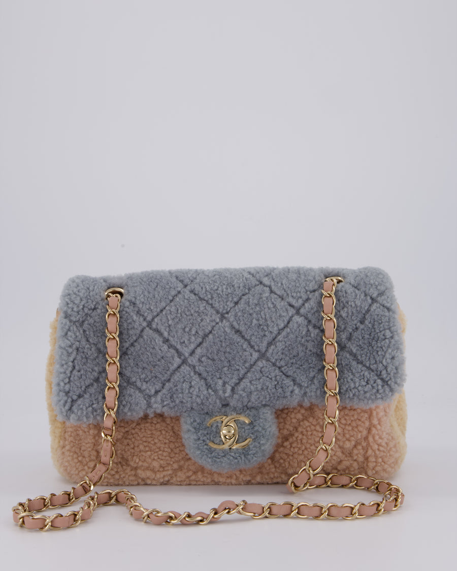 Chanel Pastel Tricolour Medium Flap Bag in Blue, Pink, and Yellow Quilted Shearling with Gold Hardware