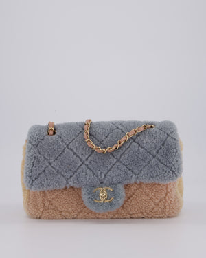 Chanel Pastel Tricolour Medium Flap Bag in Blue, Pink, and Yellow Quilted Shearling with Gold Hardware