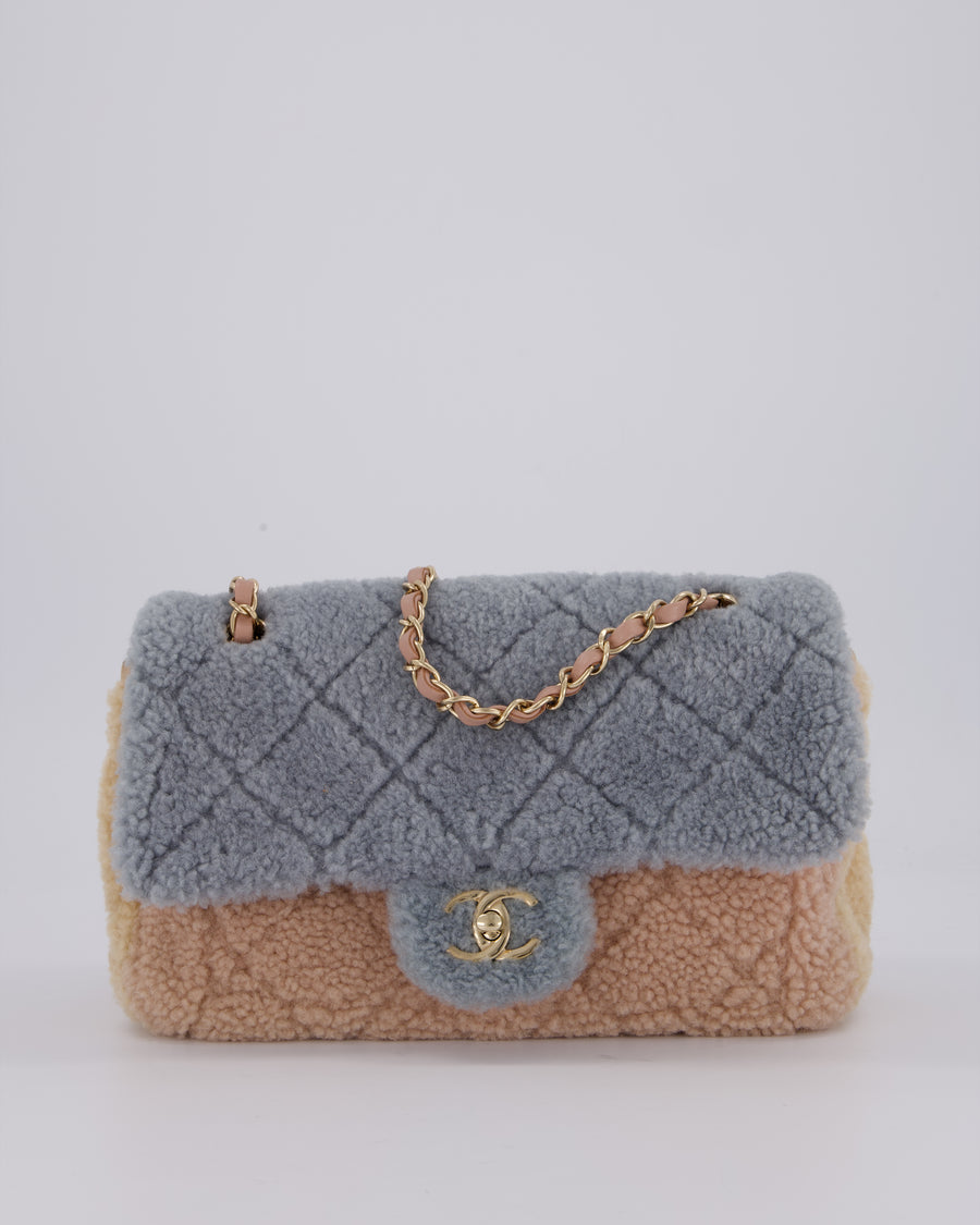 Chanel Pastel Tricolour Medium Flap Bag in Blue, Pink, and Yellow Quilted Shearling with Gold Hardware