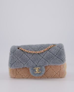 Chanel Pastel Tricolour Medium Flap Bag in Blue, Pink, and Yellow Quilted Shearling with Gold Hardware