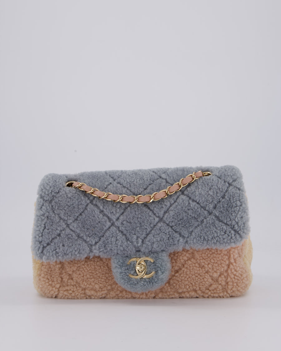 Chanel Pastel Tricolour Medium Flap Bag in Blue, Pink, and Yellow Quilted Shearling with Gold Hardware