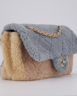 Chanel Pastel Tricolour Medium Flap Bag in Blue, Pink, and Yellow Quilted Shearling with Gold Hardware