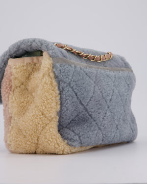 Chanel Pastel Tricolour Medium Flap Bag in Blue, Pink, and Yellow Quilted Shearling with Gold Hardware