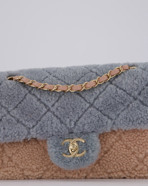 Chanel Pastel Tricolour Medium Flap Bag in Blue, Pink, and Yellow Quilted Shearling with Gold Hardware