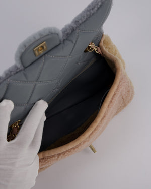 Chanel Pastel Tricolour Medium Flap Bag in Blue, Pink, and Yellow Quilted Shearling with Gold Hardware