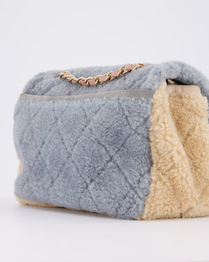 Chanel Pastel Tricolour Medium Flap Bag in Blue, Pink, and Yellow Quilted Shearling with Gold Hardware