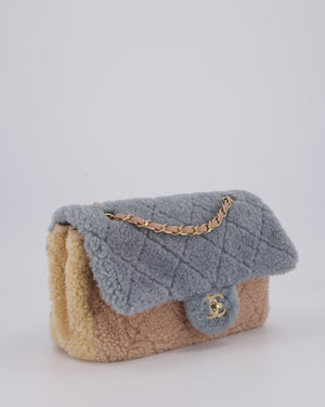 Chanel Pastel Tricolour Medium Flap Bag in Blue, Pink, and Yellow Quilted Shearling with Gold Hardware