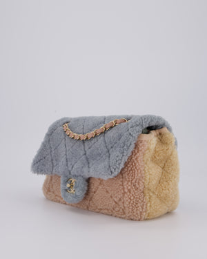 Chanel Pastel Tricolour Medium Flap Bag in Blue, Pink, and Yellow Quilted Shearling with Gold Hardware