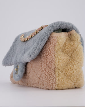Chanel Pastel Tricolour Medium Flap Bag in Blue, Pink, and Yellow Quilted Shearling with Gold Hardware