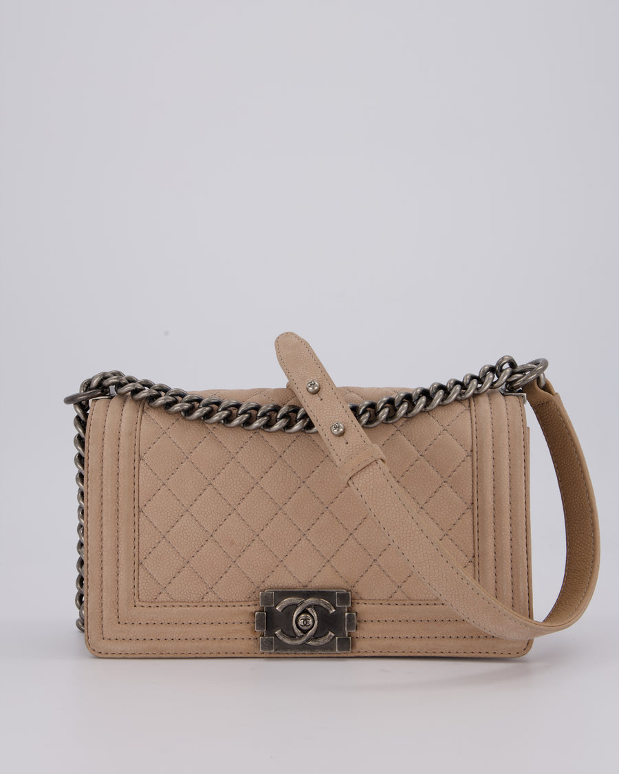 Chanel Medium Boy Bag in Beige Nubuck Leather with Gunmetal Hardware